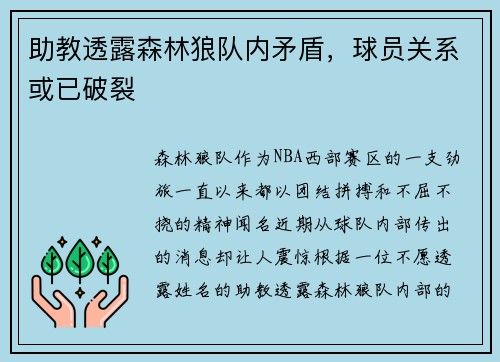助教透露森林狼队内矛盾，球员关系或已破裂